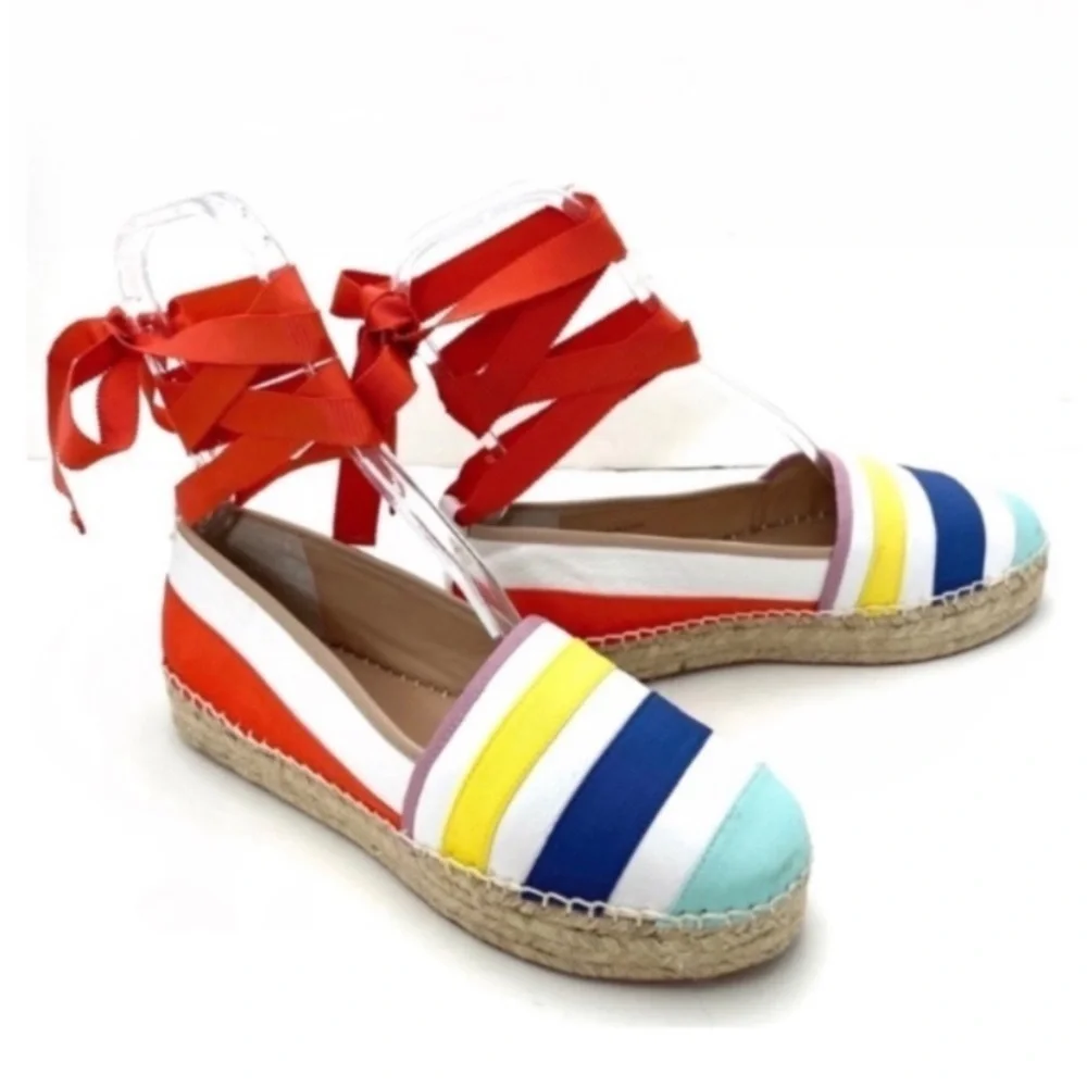 Kate Spade Leather Rainbow Striped Warped Ankle Espadrilles Platform Size 9